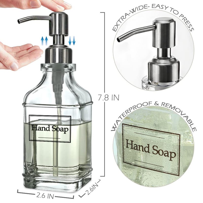 JASAI Antique Design Soap Dispenser with Rust Proof 304 Stainless Steel Pump, Refillable Glass Soap Dispenser with 10Pcs Clear Stickers, Premium Kitchen & Bathroom Soap Dispenser - Image 5